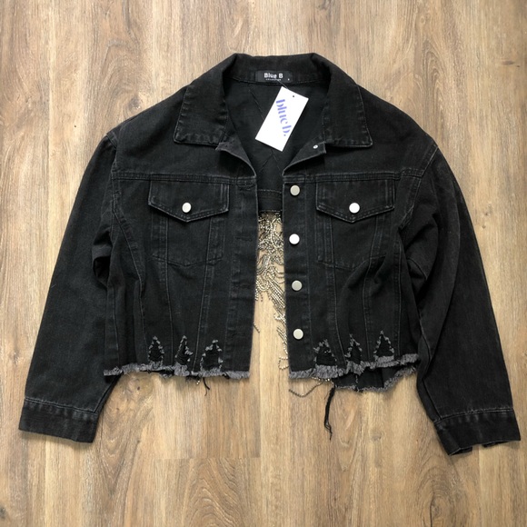 Blue B. Cropped Black Denim Jacket with Silver Rhinestone Fringe - Picture 7 of 16